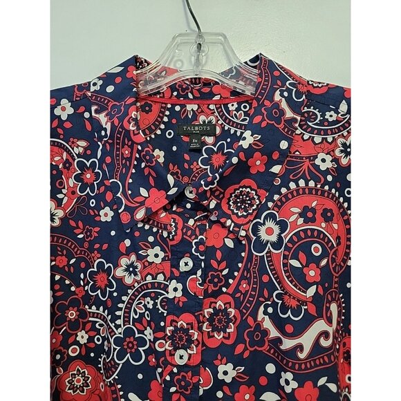 Talbots Plus Classic Cotton Shirt Navy Blue Red Picnic Paisley Floral 3X - Picture 3 of 6